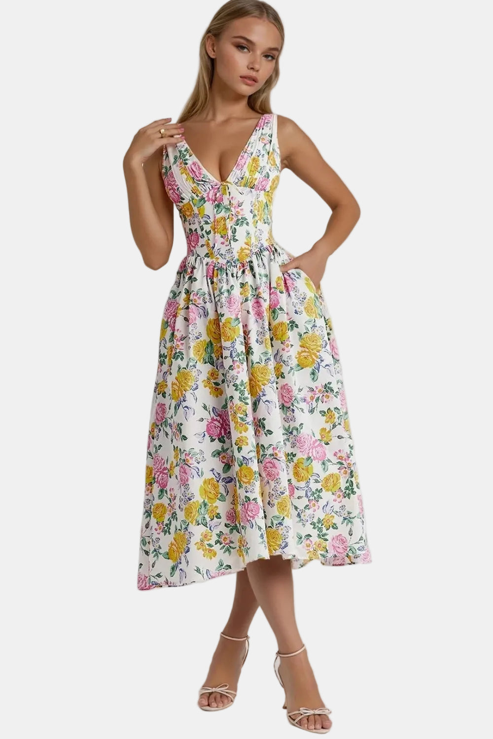 Relyvessa | Classic Floral Midi Dress with V-Neck