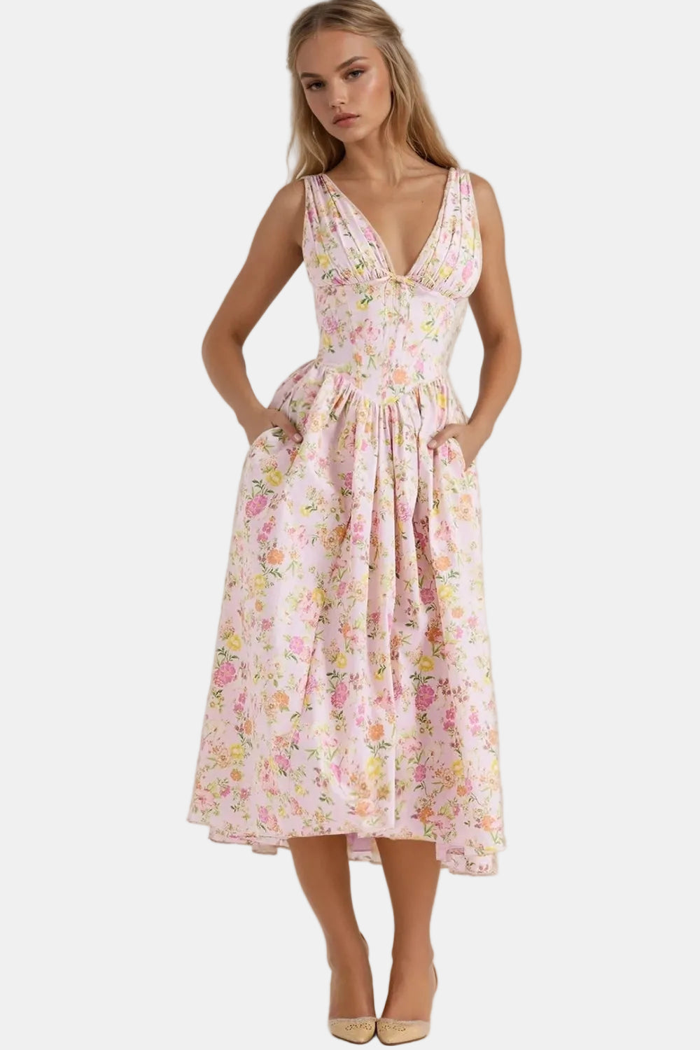 Relyvessa | Classic Floral Midi Dress with V-Neck