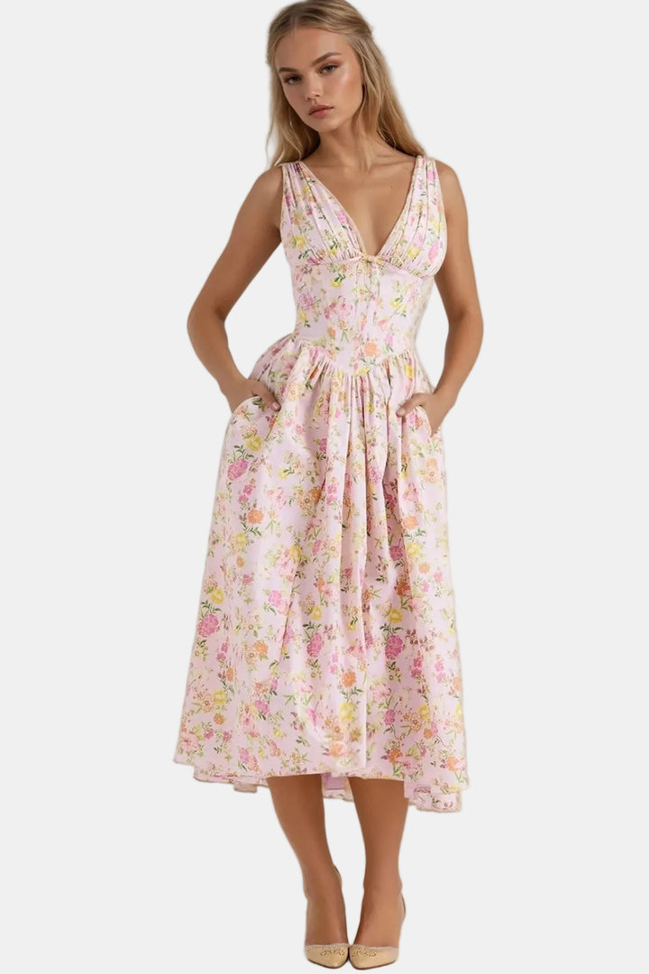 Relyvessa | Classic Floral Midi Dress with V-Neck