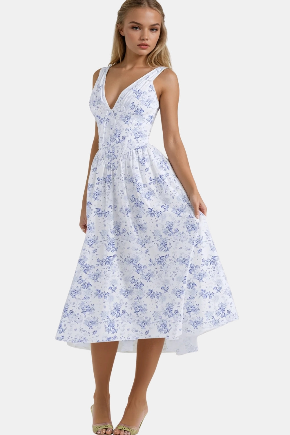 Relyvessa | Classic Floral Midi Dress with V-Neck