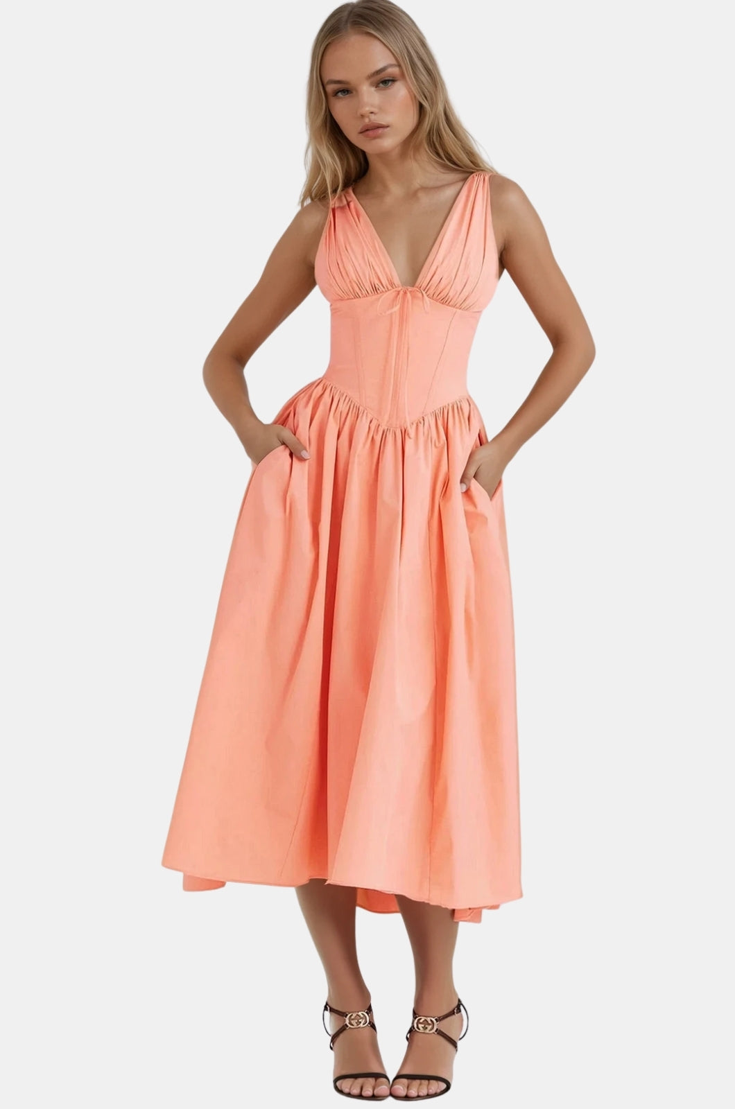 Relyvessa | Classic Floral Midi Dress with V-Neck