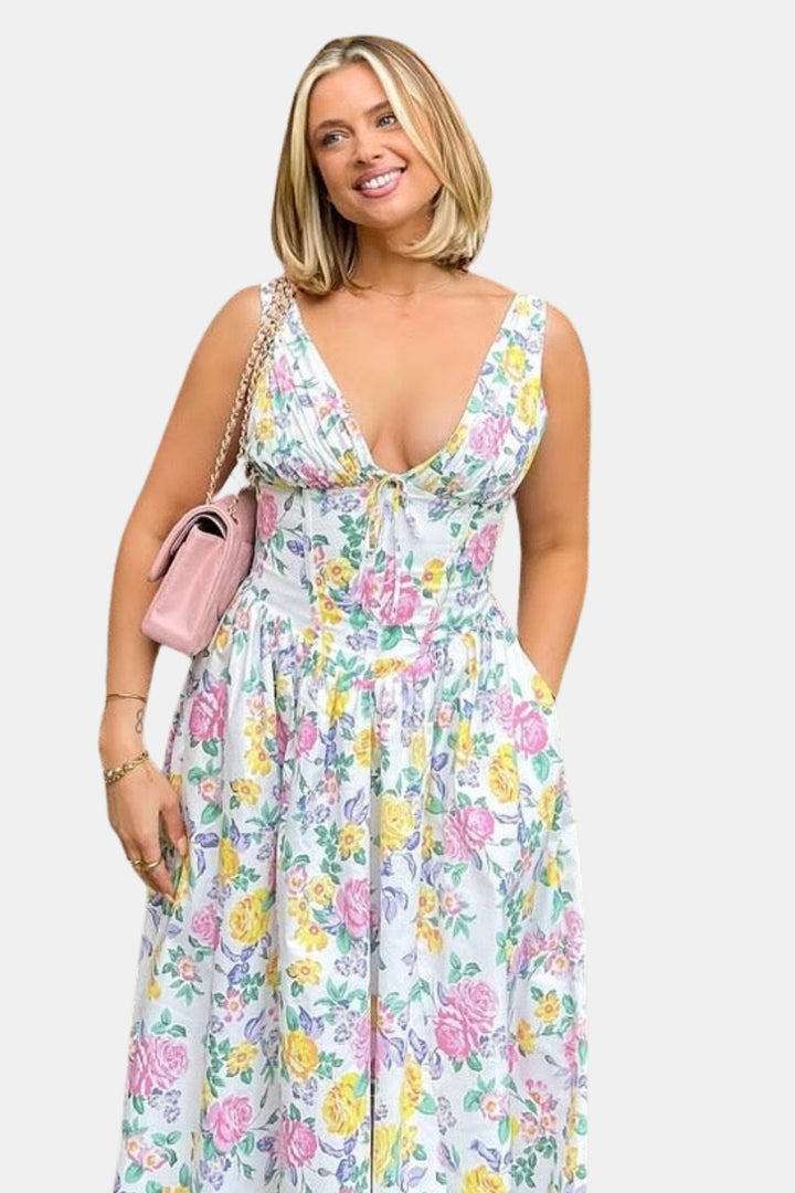 Relyvessa | Classic Floral Midi Dress with V-Neck
