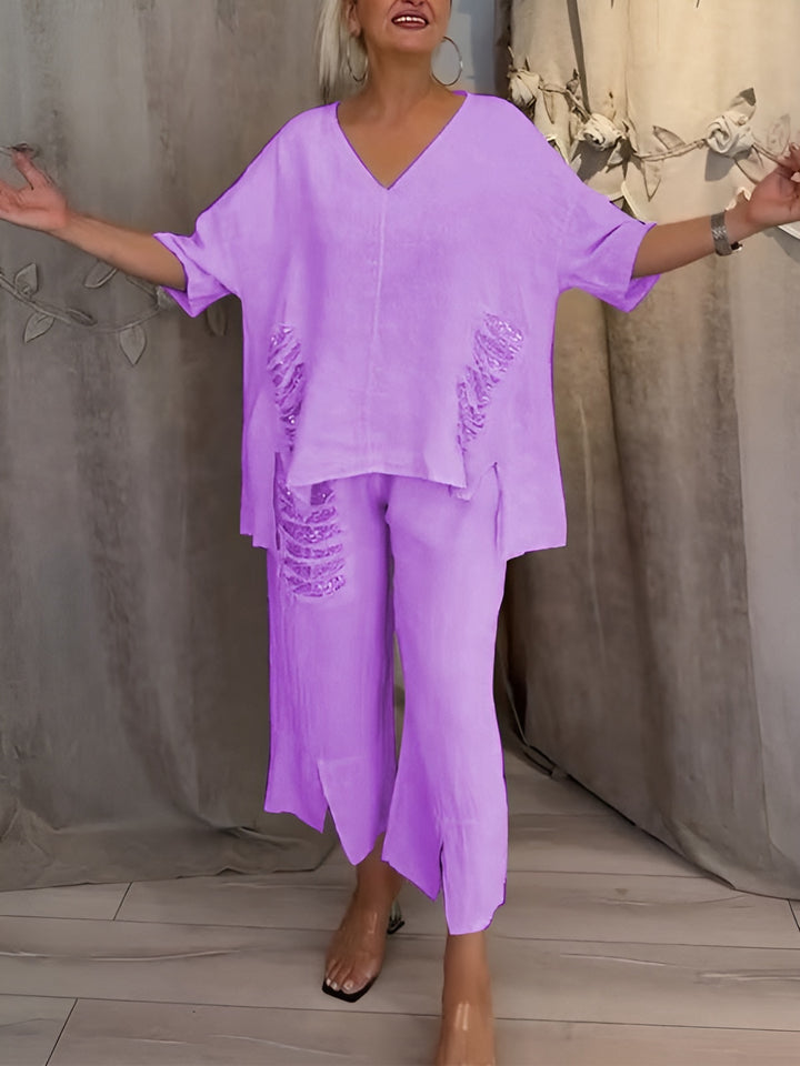 Rhea | Two Piece Set with V Neck Top and Cropped Wide Leg Pants