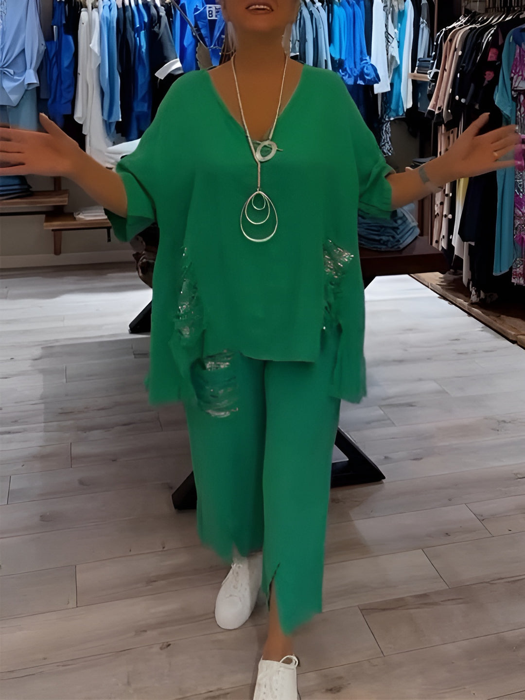 Rhea | Two Piece Set with V Neck Top and Cropped Wide Leg Pants