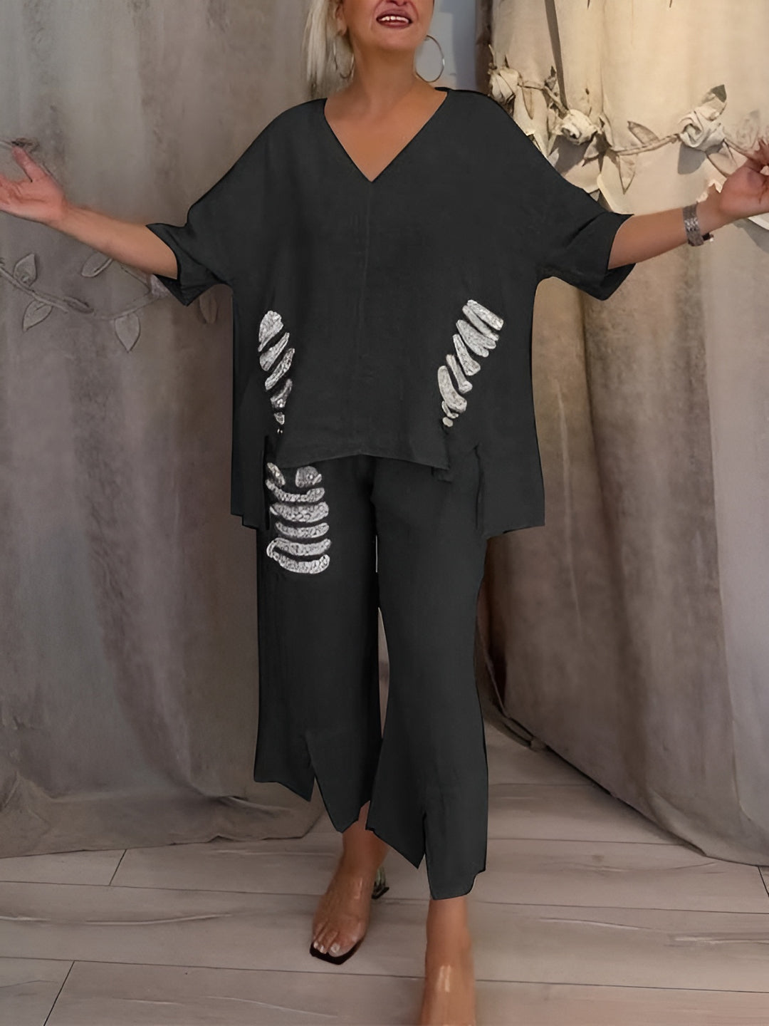 Rhea | Two Piece Set with V Neck Top and Cropped Wide Leg Pants