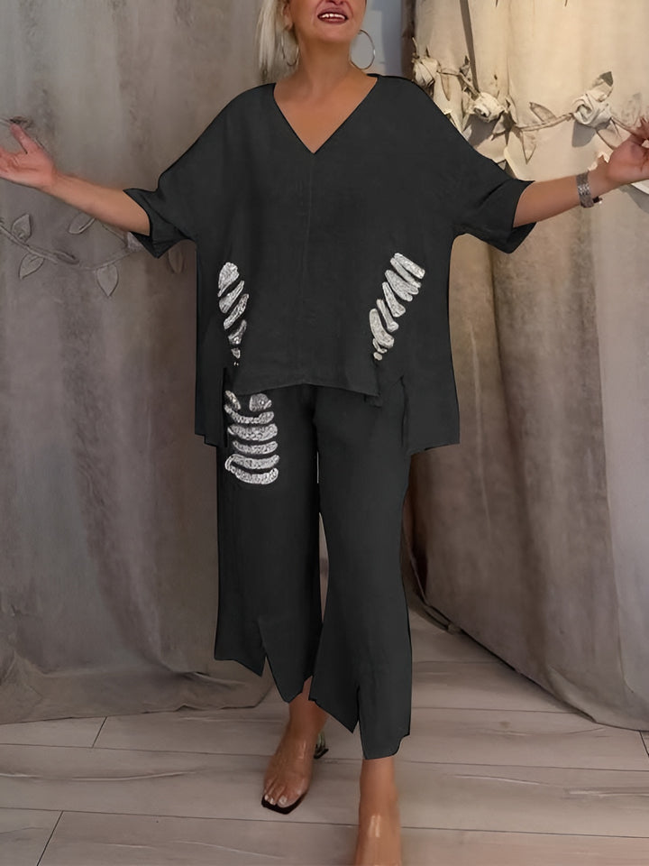 Rhea | Two Piece Set with V Neck Top and Cropped Wide Leg Pants