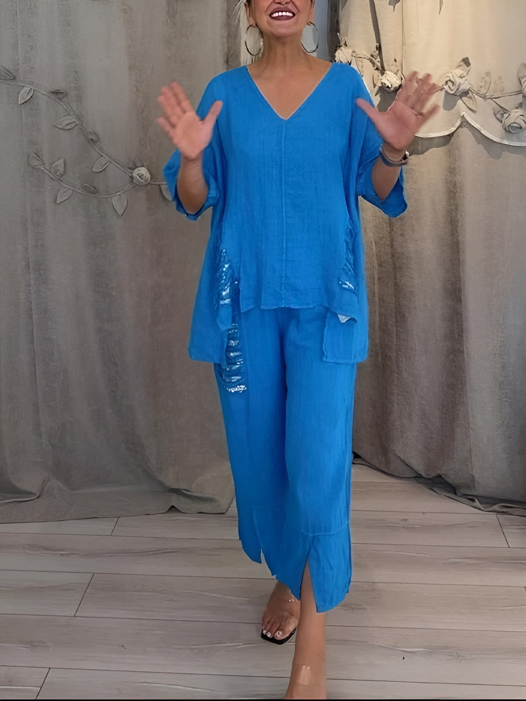 Rhea | Two Piece Set with V Neck Top and Cropped Wide Leg Pants