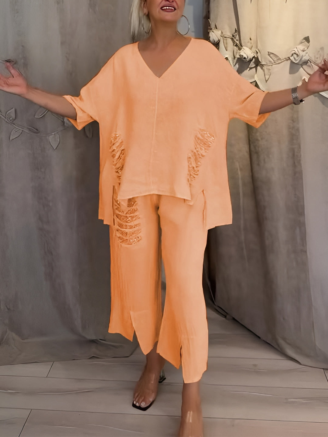 Rhea | Two Piece Set with V Neck Top and Cropped Wide Leg Pants
