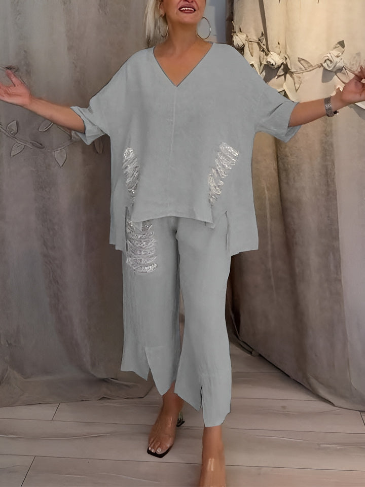 Rhea | Two Piece Set with V Neck Top and Cropped Wide Leg Pants