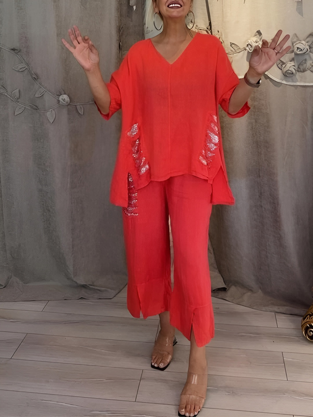 Rhea | Two Piece Set with V Neck Top and Cropped Wide Leg Pants