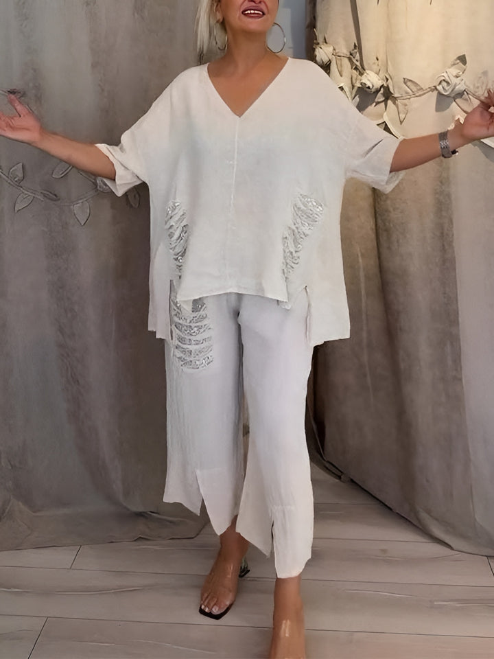 Rhea | Two Piece Set with V Neck Top and Cropped Wide Leg Pants