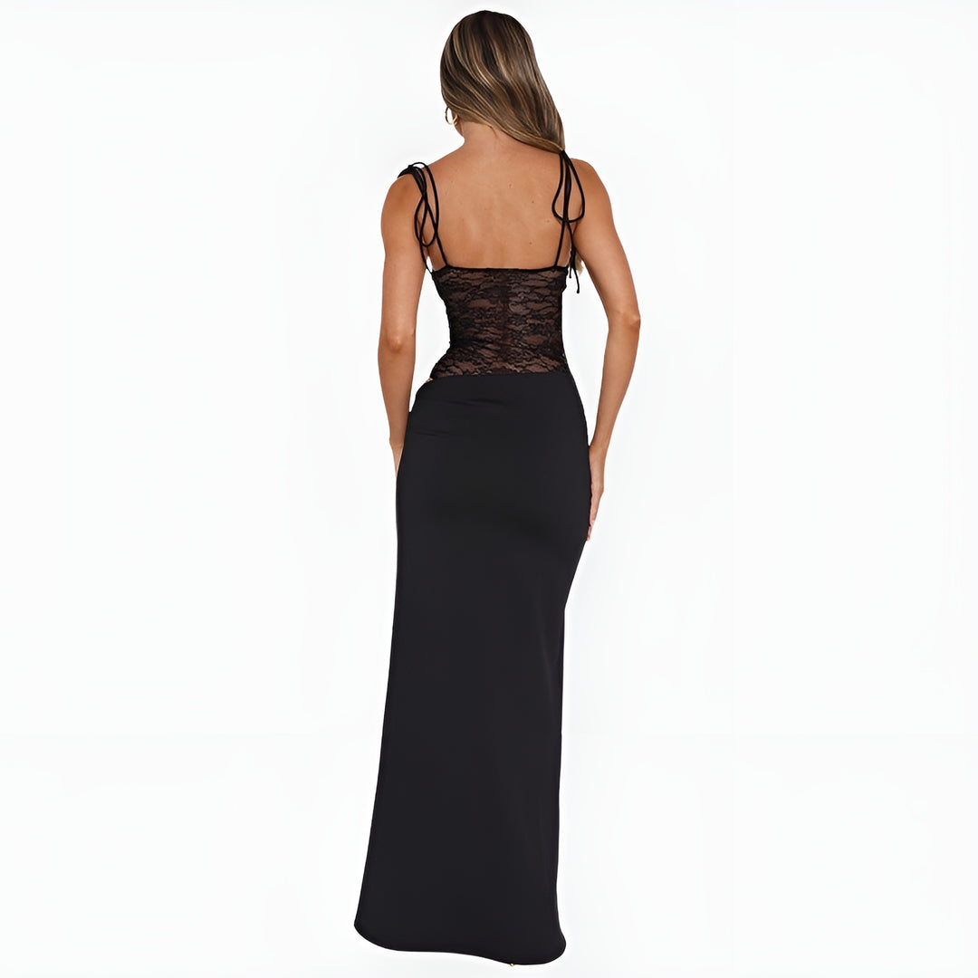 Salyndora | Elegant Lace Panel Maxi Dress with Tie Straps