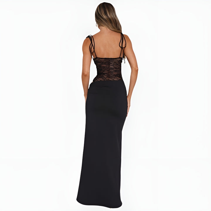 Salyndora | Elegant Lace Panel Maxi Dress with Tie Straps