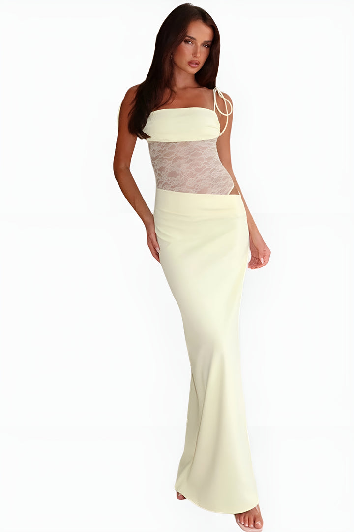 Salyndora | Elegant Lace Panel Maxi Dress with Tie Straps