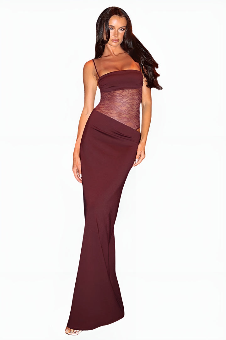 Salyndora | Elegant Lace Panel Maxi Dress with Tie Straps