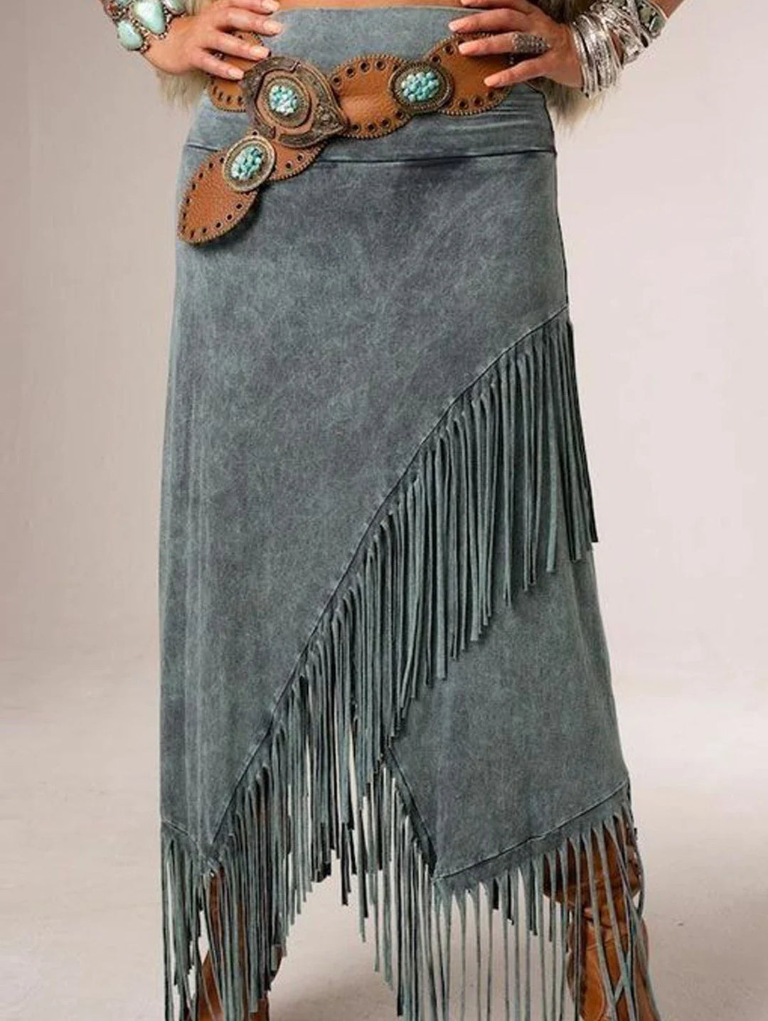 Savannah | Boho Fringe Maxi Skirt With Asymmetric Hem