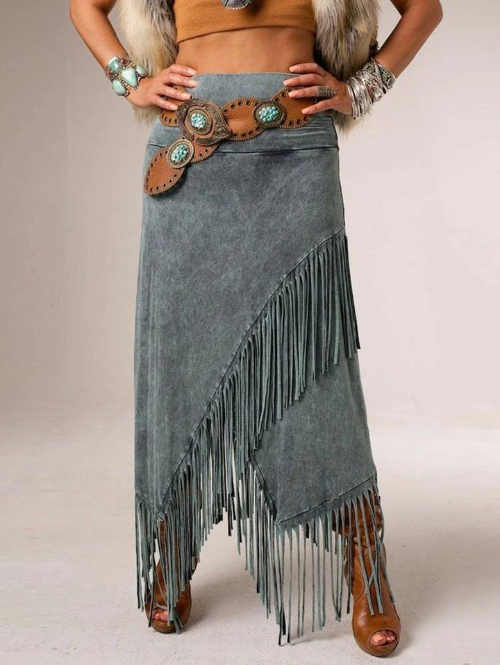 Savannah | Boho Fringe Maxi Skirt With Asymmetric Hem