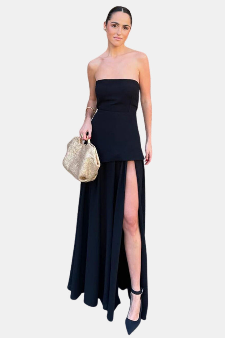 Savyndara | Wedding Guest Strapless Maxi Dress with Sheer Skirt