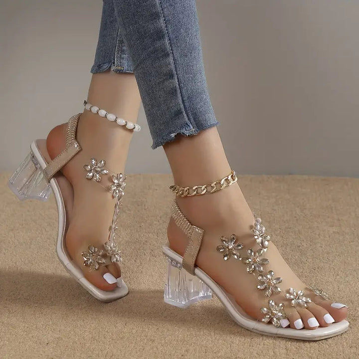 Serene | Floral Rhinestone Block Heel Sandals
