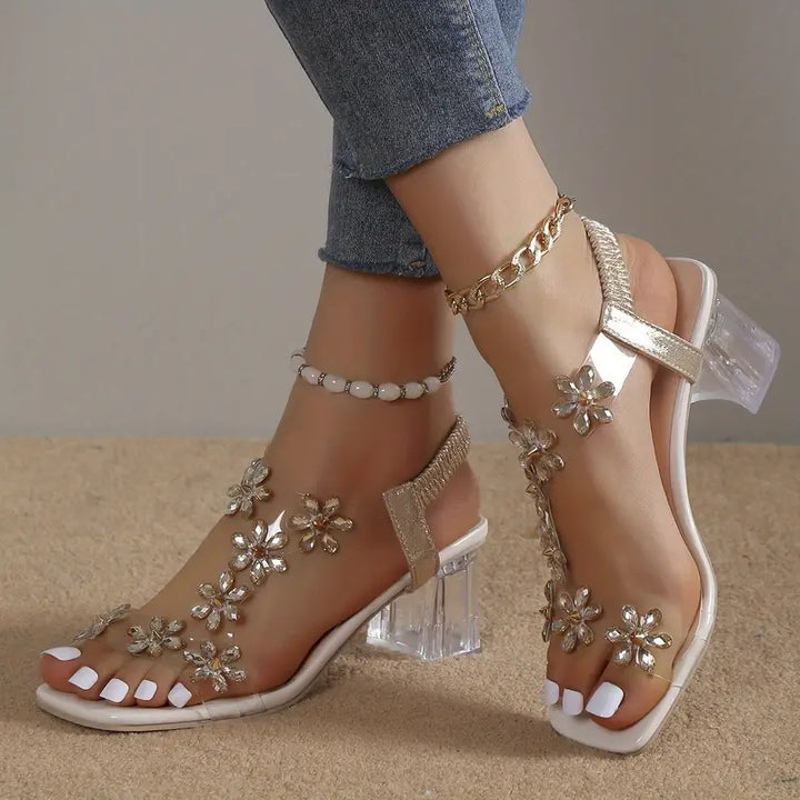 Serene | Floral Rhinestone Block Heel Sandals