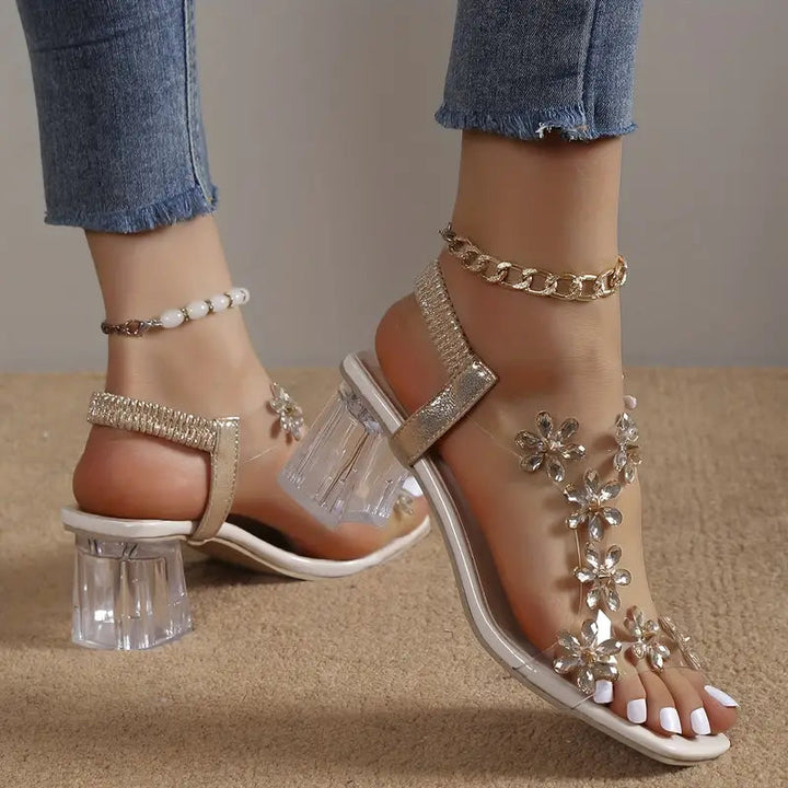 Serene | Floral Rhinestone Block Heel Sandals