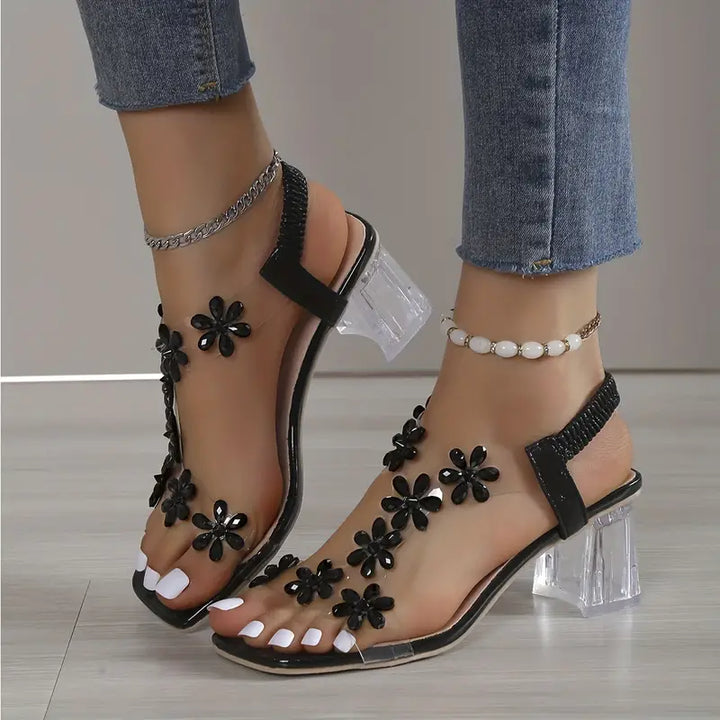 Serene | Floral Rhinestone Block Heel Sandals