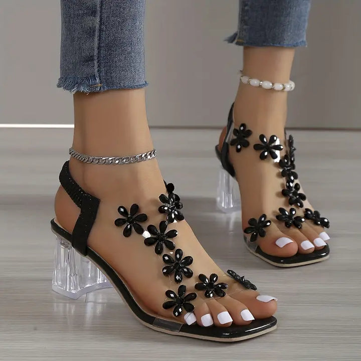 Serene | Floral Rhinestone Block Heel Sandals
