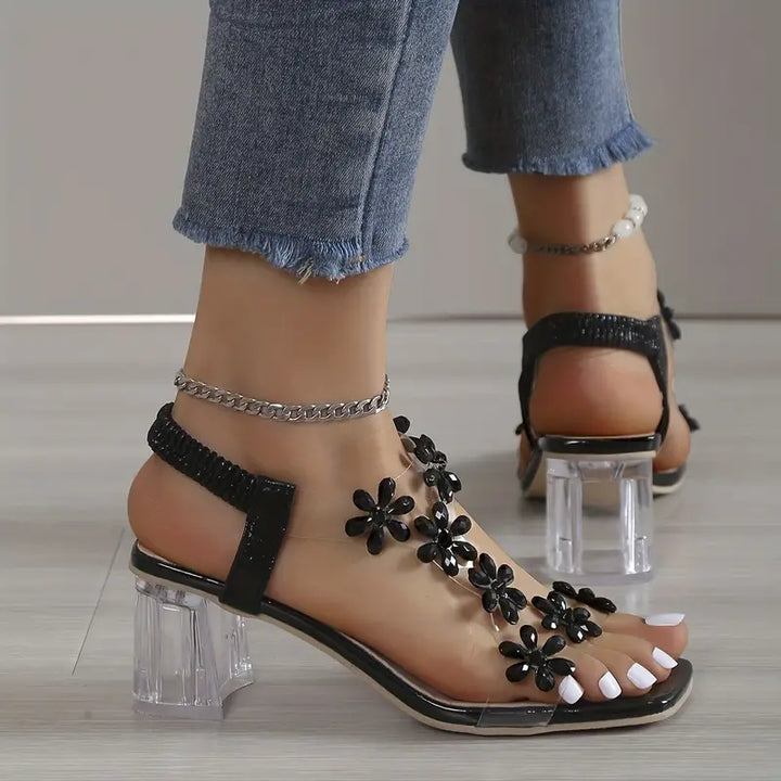 Serene | Floral Rhinestone Block Heel Sandals