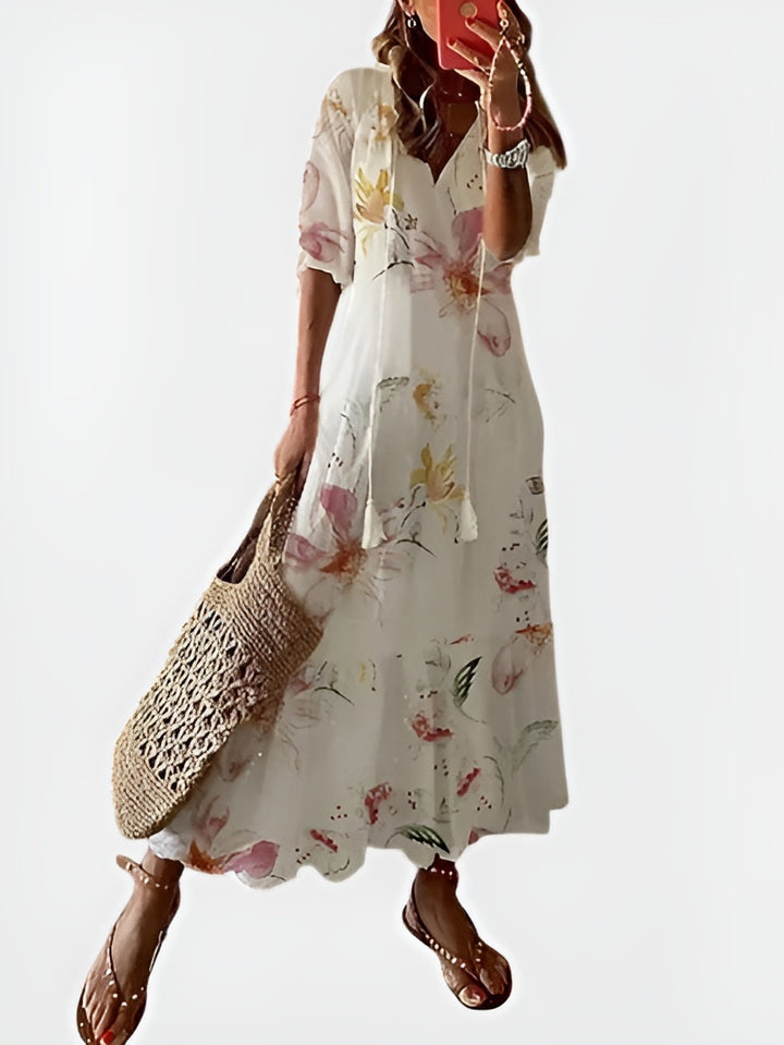 Sienna | Bohemian Printed Maxi Dress with Tassel Tie