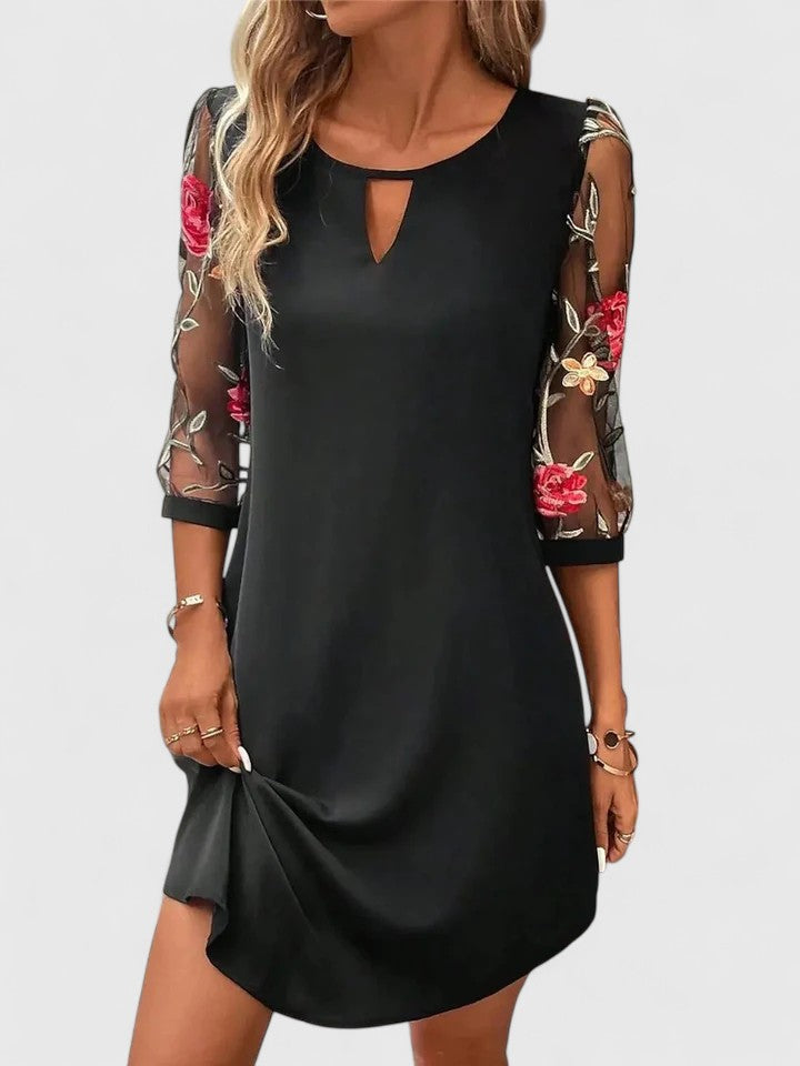 Solvaya | Elegant Shift Dress with Embroidered Mesh Sleeves