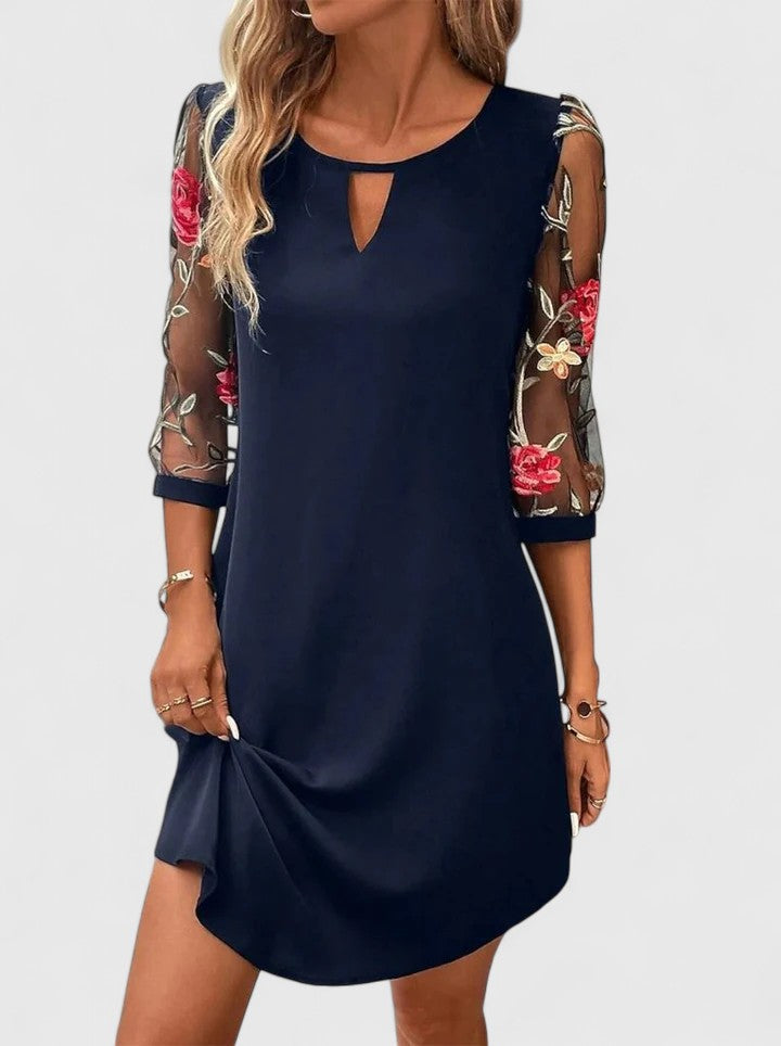Solvaya | Elegant Shift Dress with Embroidered Mesh Sleeves