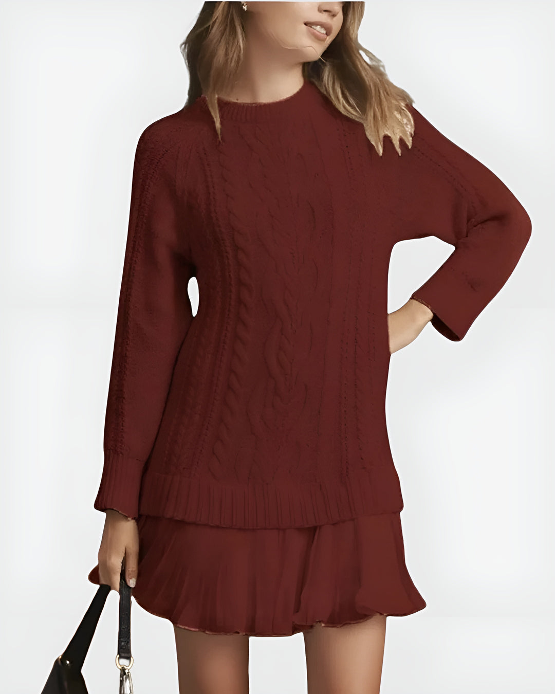 Soryndra | Chic Cable Knit Sweater Dress with Pleated Hem