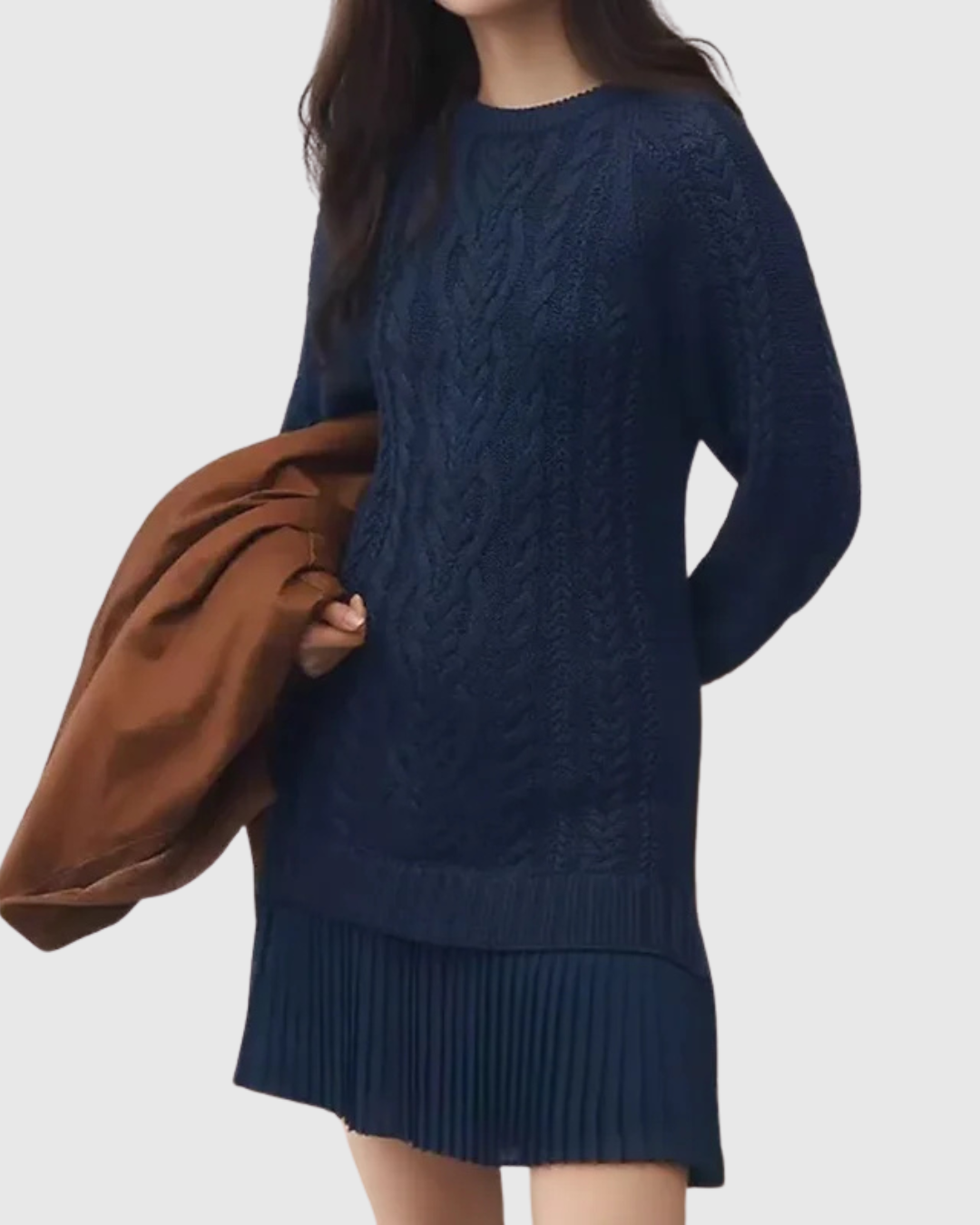 Soryndra | Chic Cable Knit Sweater Dress with Pleated Hem