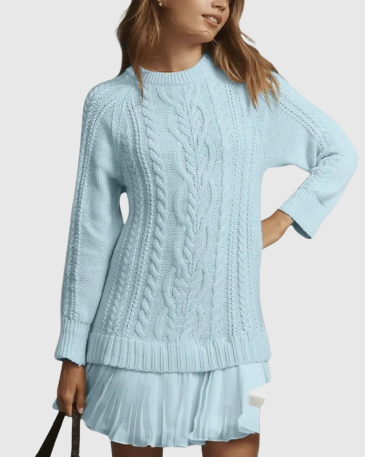 Soryndra | Chic Cable Knit Sweater Dress with Pleated Hem