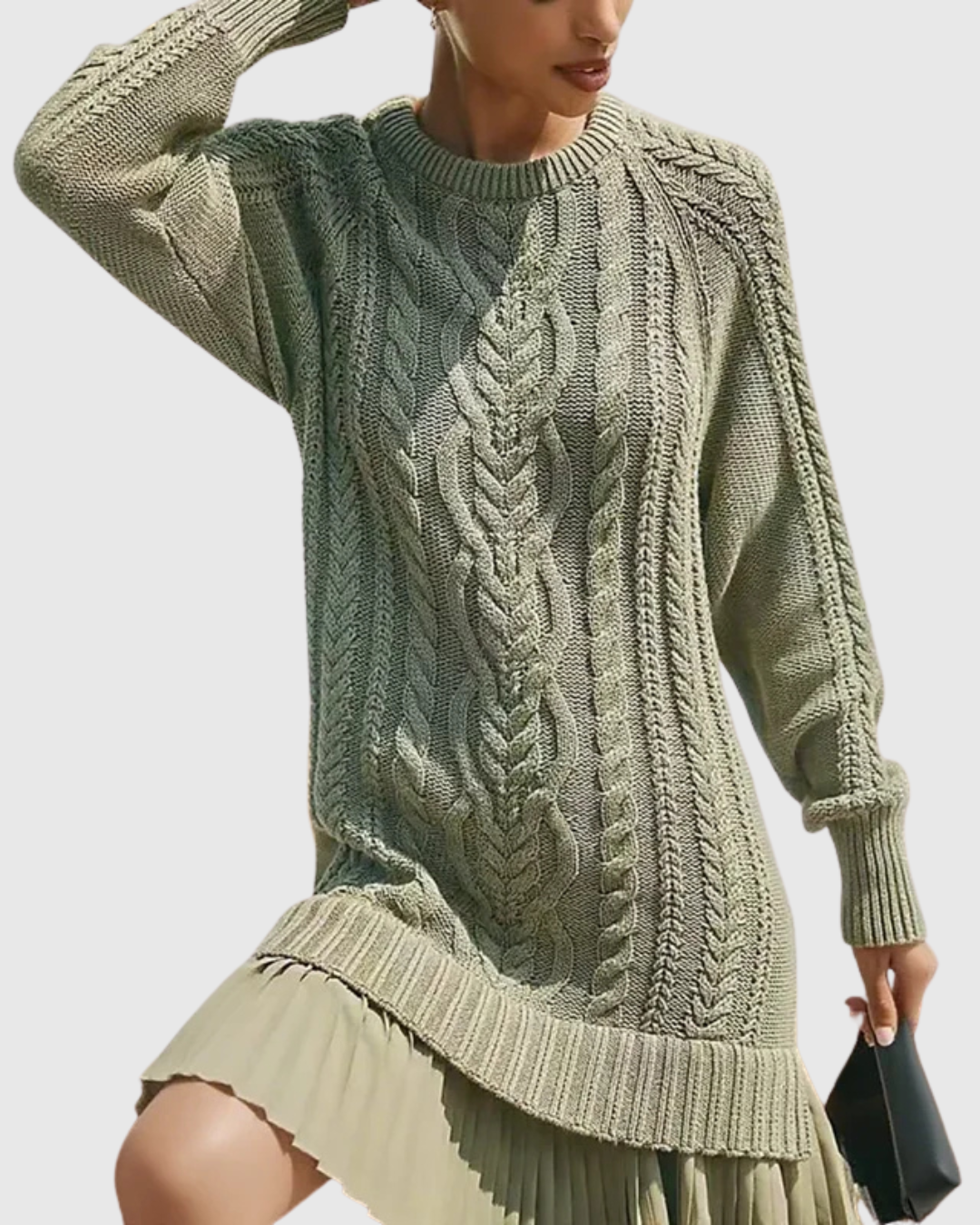 Soryndra | Chic Cable Knit Sweater Dress with Pleated Hem