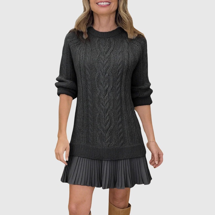 Soryndra | Chic Cable Knit Sweater Dress with Pleated Hem