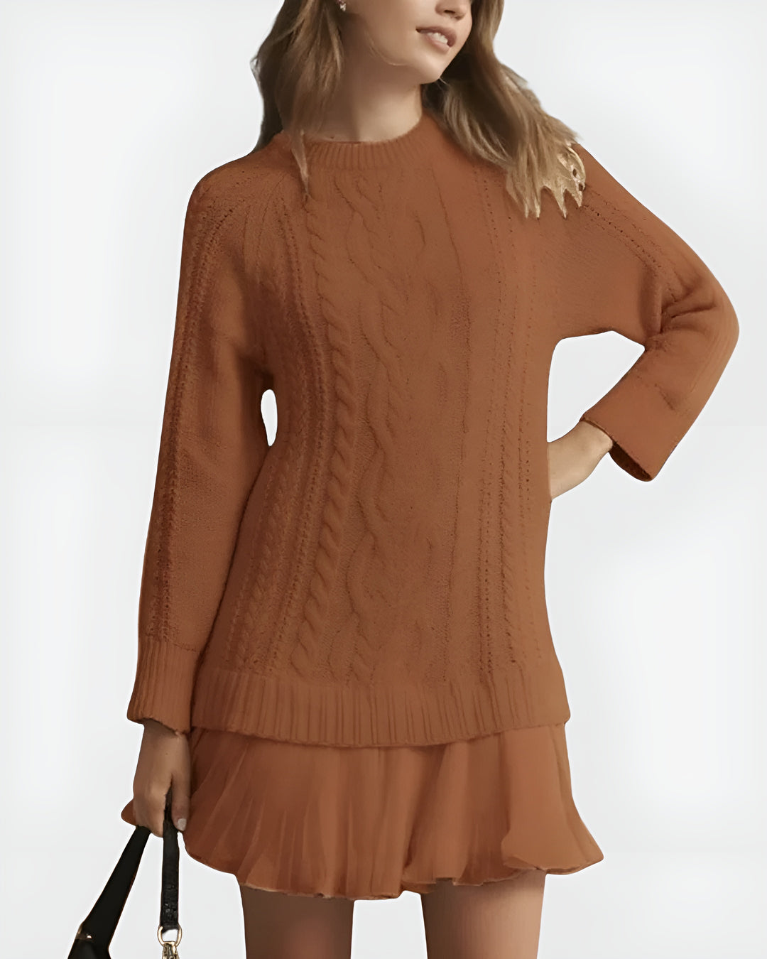 Soryndra | Chic Cable Knit Sweater Dress with Pleated Hem