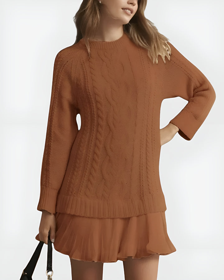 Soryndra | Chic Cable Knit Sweater Dress with Pleated Hem