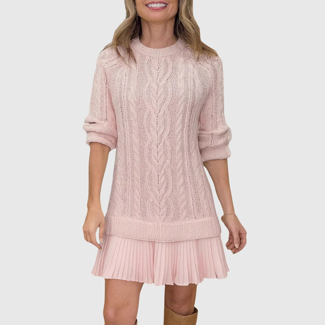Soryndra | Chic Cable Knit Sweater Dress with Pleated Hem