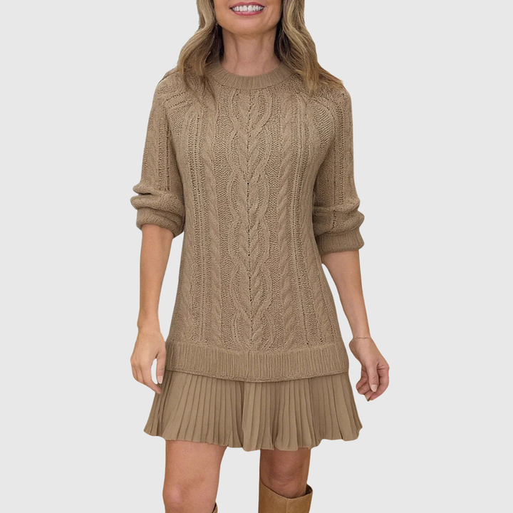 Soryndra | Chic Cable Knit Sweater Dress with Pleated Hem