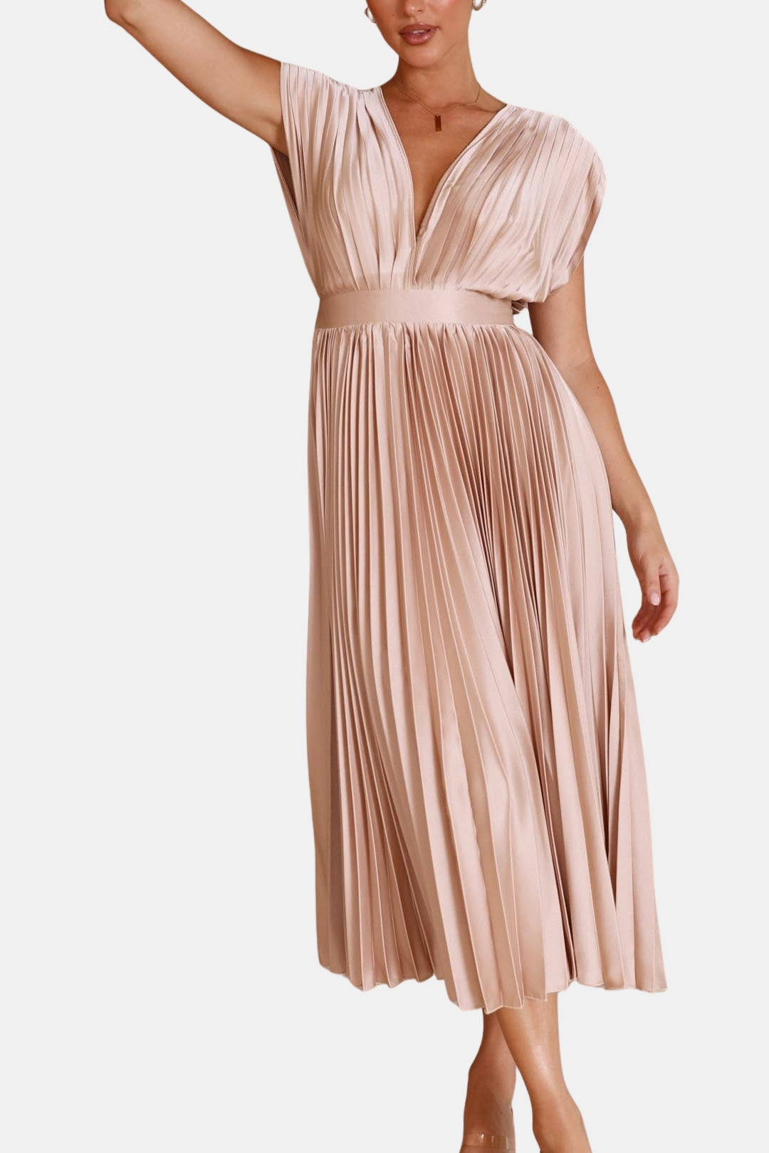 Soryvella | Elegant Pleated Midi Dress with V Neck