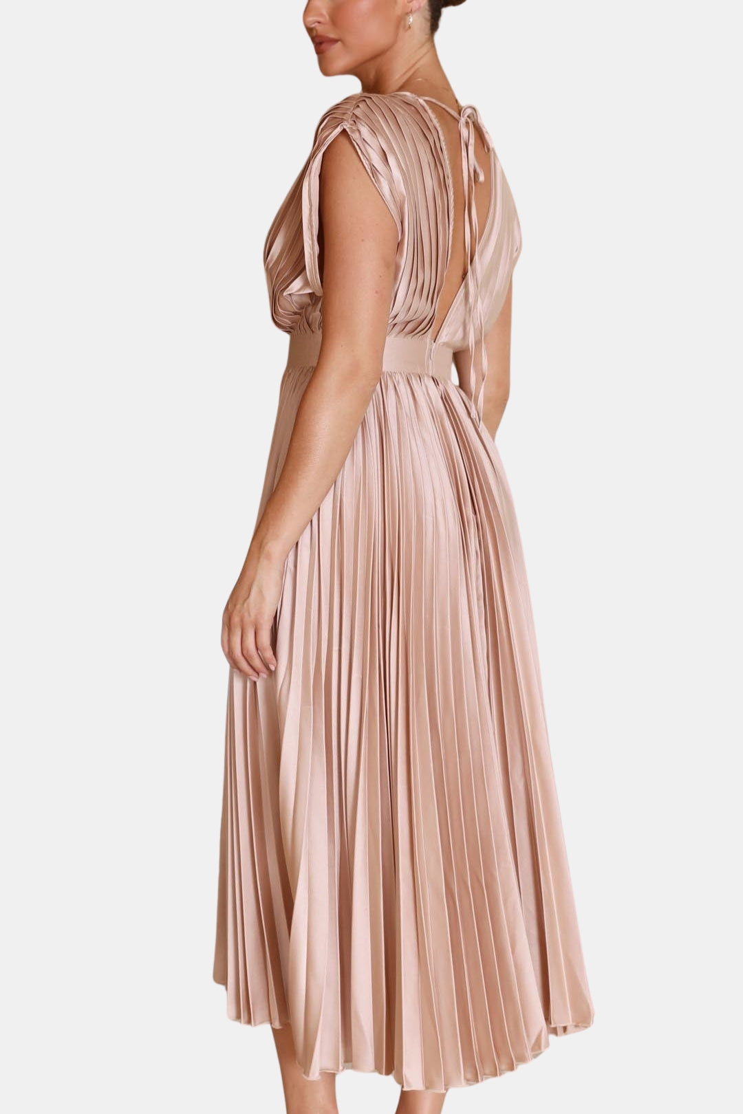 Soryvella | Elegant Pleated Midi Dress with V Neck