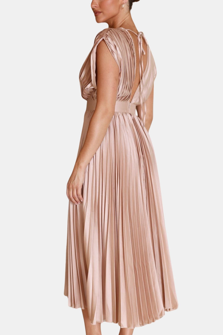Soryvella | Elegant Pleated Midi Dress with V Neck
