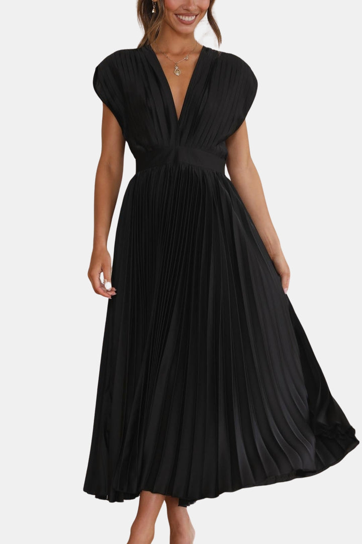 Soryvella | Elegant Pleated Midi Dress with V Neck