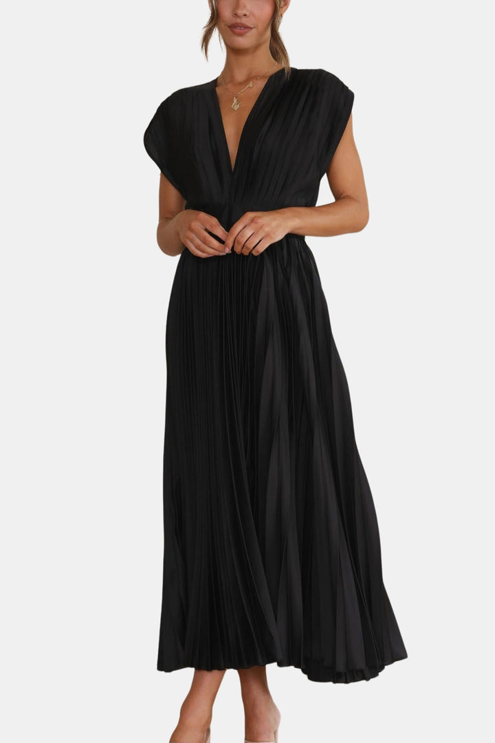 Soryvella | Elegant Pleated Midi Dress with V Neck
