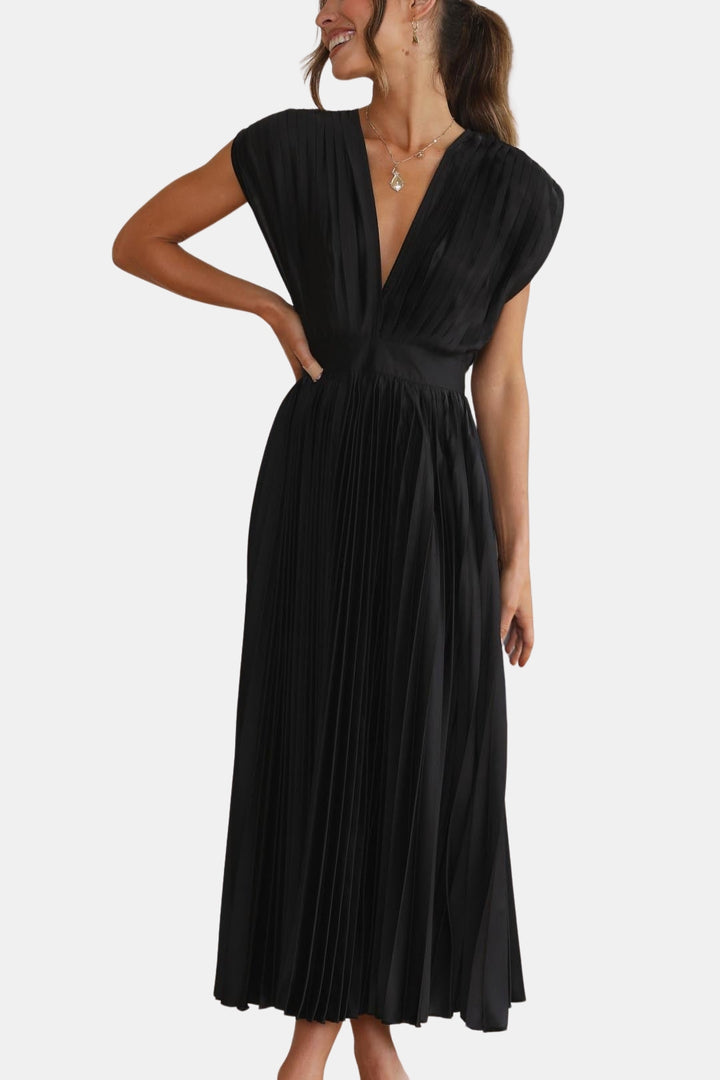 Soryvella | Elegant Pleated Midi Dress with V Neck