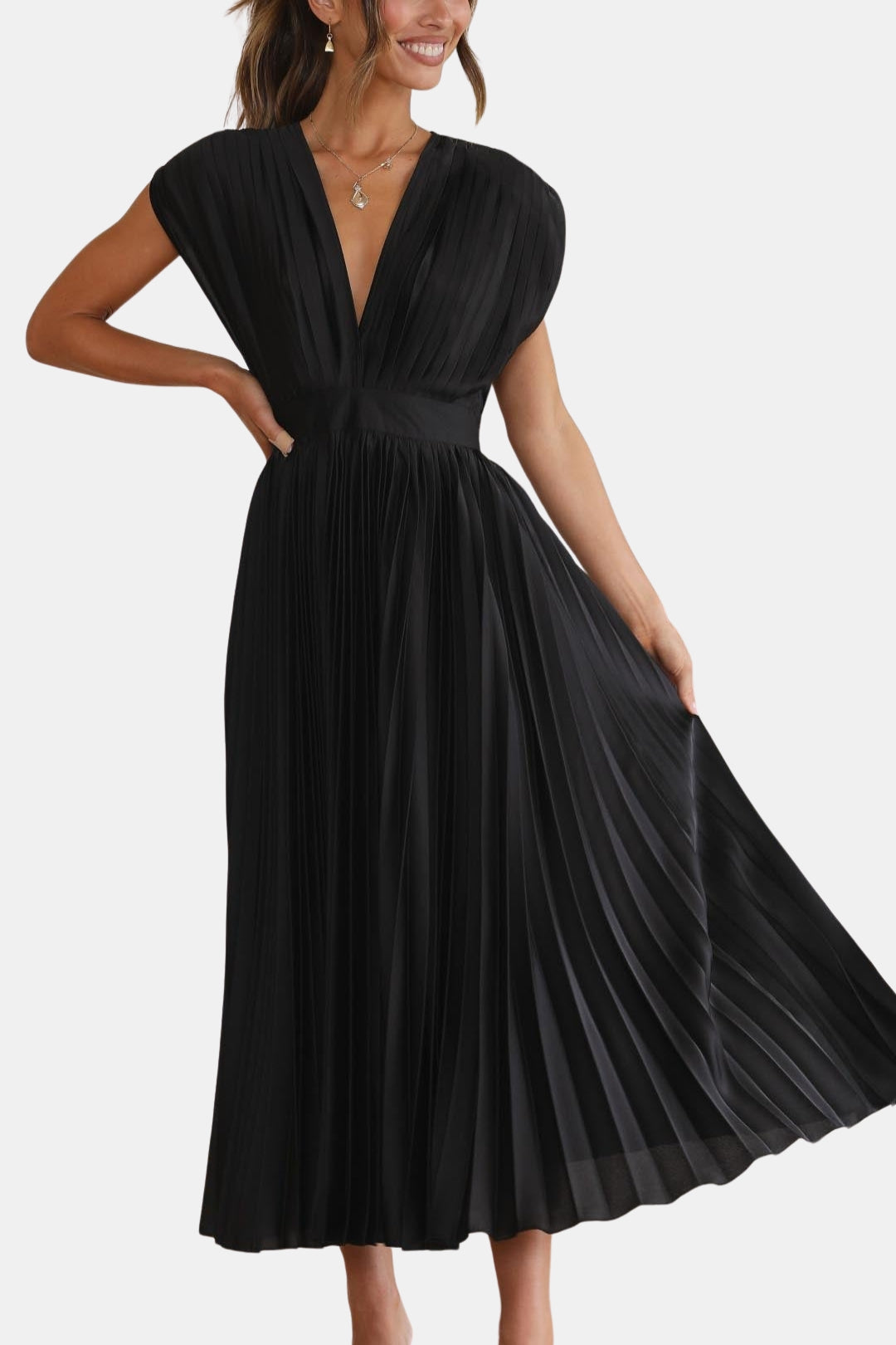 Soryvella | Elegant Pleated Midi Dress with V Neck