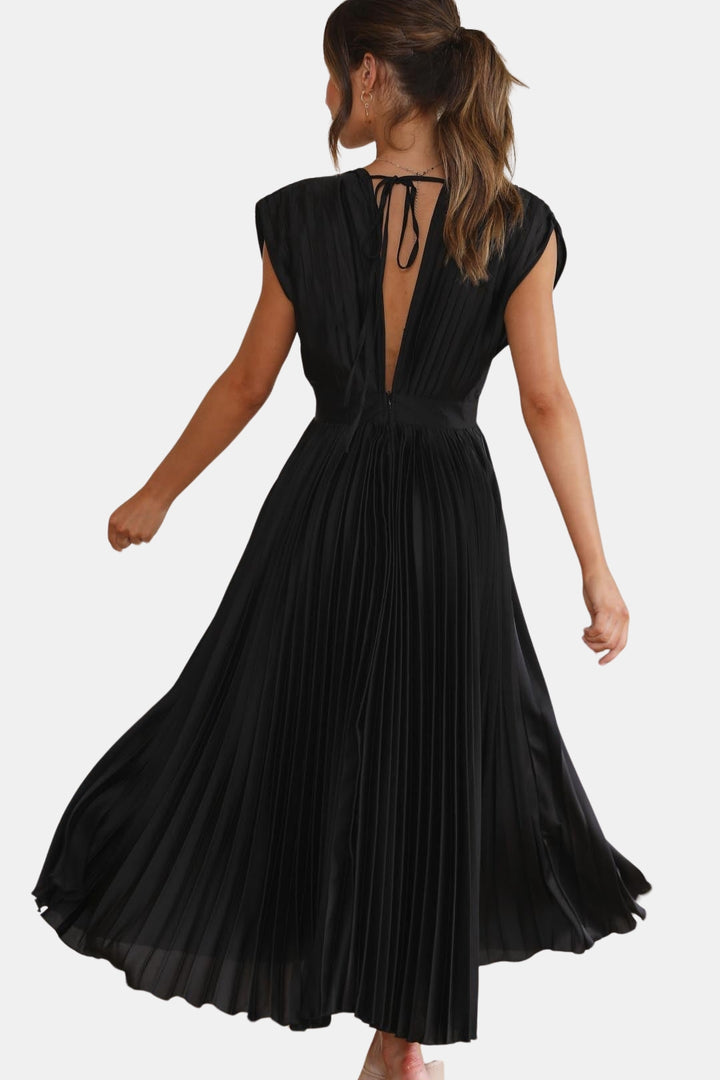 Soryvella | Elegant Pleated Midi Dress with V Neck