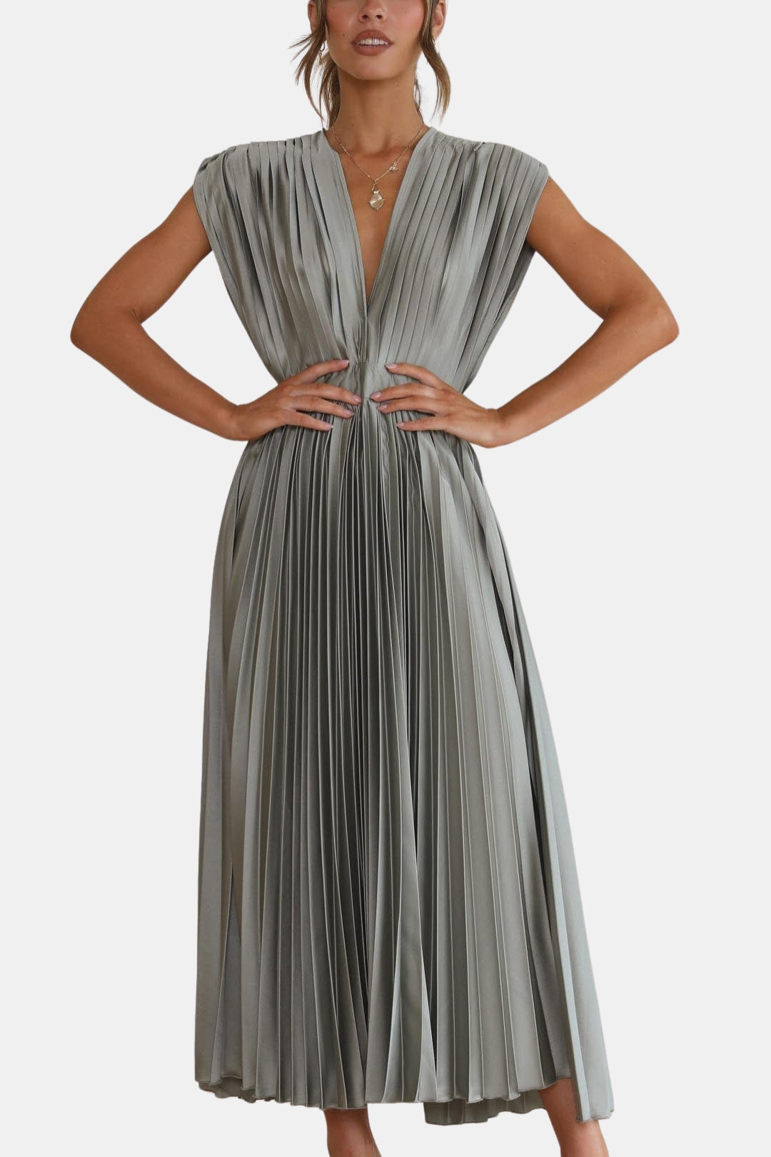 Soryvella | Elegant Pleated Midi Dress with V Neck