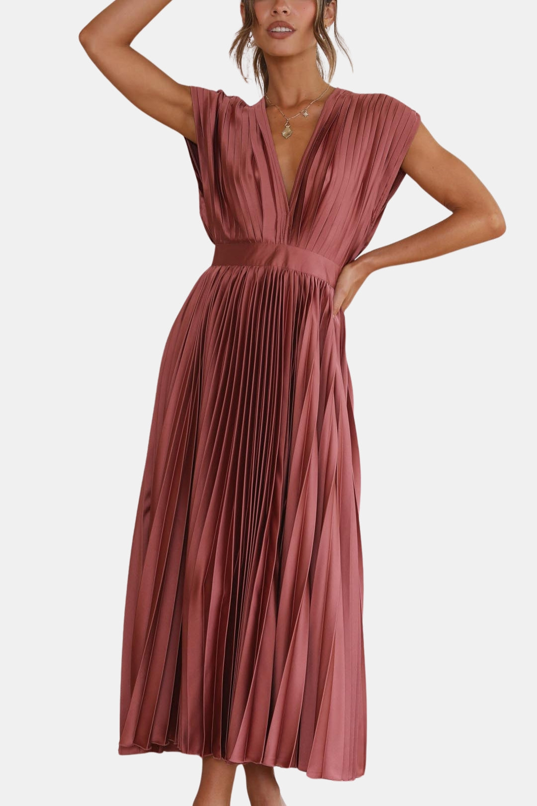 Soryvella | Elegant Pleated Midi Dress with V Neck